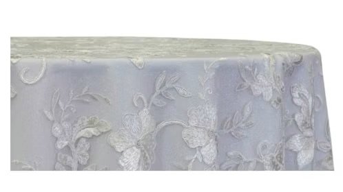 120" Round Claire Lace White Linen